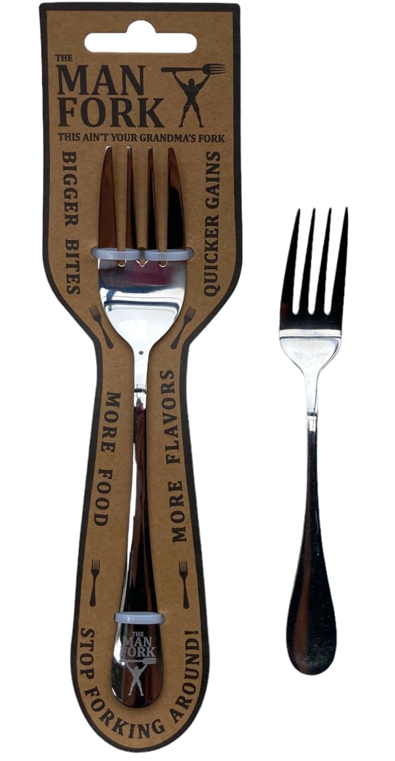 The Man Fork in packaging beside a regular dinner fork for size